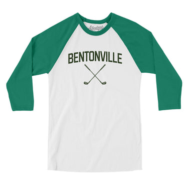 Bentonville Golf Men/Unisex Raglan 3/4 Sleeve T-Shirt-White with Kelly-Allegiant Goods Co. Vintage Sports Apparel