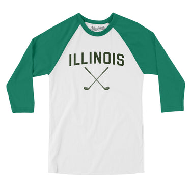 Illinois Golf Men/Unisex Raglan 3/4 Sleeve T-Shirt-White with Kelly-Allegiant Goods Co. Vintage Sports Apparel