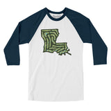 Louisiana Golf Course Map Men/Unisex Raglan 3/4 Sleeve T-Shirt-White with Navy-Allegiant Goods Co. Vintage Sports Apparel