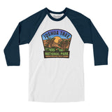 Joshua Tree National Park Badge Men/Unisex Raglan 3/4 Sleeve T-Shirt-White with Navy-Allegiant Goods Co. Vintage Sports Apparel
