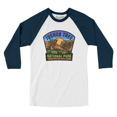 Joshua Tree National Park Badge Men/Unisex Raglan 3/4 Sleeve T-Shirt-White with Navy-Allegiant Goods Co. Vintage Sports Apparel