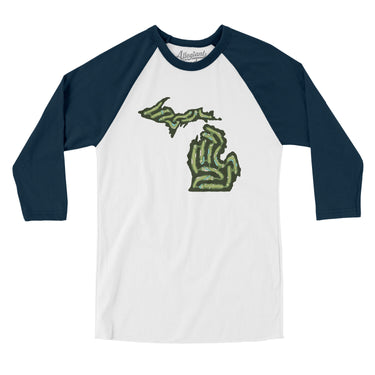 Michigan Golf Course Map Men/Unisex Raglan 3/4 Sleeve T-Shirt-White with Navy-Allegiant Goods Co. Vintage Sports Apparel