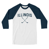 Illinois Golf Men/Unisex Raglan 3/4 Sleeve T-Shirt-White with Navy-Allegiant Goods Co. Vintage Sports Apparel