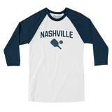 Nashville Pickleball Men/Unisex Raglan 3/4 Sleeve T-Shirt-White with Navy-Allegiant Goods Co. Vintage Sports Apparel
