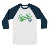Seattle Vintage Script Men/Unisex Raglan 3/4 Sleeve T-Shirt-White with Navy-Allegiant Goods Co. Vintage Sports Apparel
