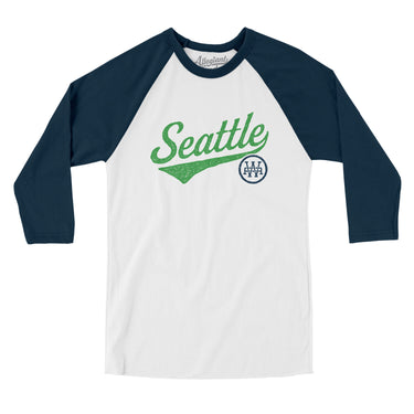Seattle Vintage Script Men/Unisex Raglan 3/4 Sleeve T-Shirt-White with Navy-Allegiant Goods Co. Vintage Sports Apparel