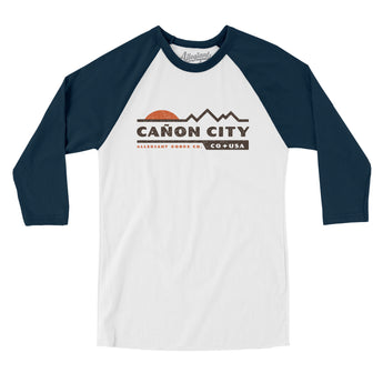 Cañon City Mountain Sunset Men/Unisex Raglan 3/4 Sleeve T-Shirt-White with Navy-Allegiant Goods Co. Vintage Sports Apparel