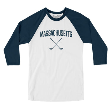 Massachusetts Golf Men/Unisex Raglan 3/4 Sleeve T-Shirt-White with Navy-Allegiant Goods Co. Vintage Sports Apparel