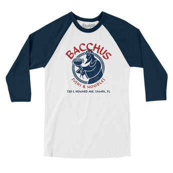 Bacchus Sushi Tampa Men/Unisex Raglan 3/4 Sleeve T-Shirt-White with Navy-Allegiant Goods Co. Vintage Sports Apparel