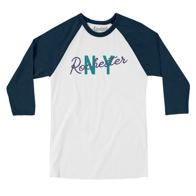 Rochester Ny Overprinted Men/Unisex Raglan 3/4 Sleeve T-Shirt-White with Navy-Allegiant Goods Co. Vintage Sports Apparel