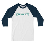 Actually It's Pronounced Lafayette Men/Unisex Raglan 3/4 Sleeve T-Shirt-White with Navy-Allegiant Goods Co. Vintage Sports Apparel
