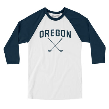 Oregon Golf Men/Unisex Raglan 3/4 Sleeve T-Shirt-White with Navy-Allegiant Goods Co. Vintage Sports Apparel