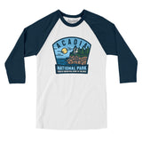 Acadia National Park Badge Men/Unisex Raglan 3/4 Sleeve T-Shirt-White with Navy-Allegiant Goods Co. Vintage Sports Apparel