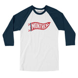 Montréal Pennant Men/Unisex Raglan 3/4 Sleeve T-Shirt-White with Navy-Allegiant Goods Co. Vintage Sports Apparel
