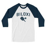 Biloxi Pickleball Men/Unisex Raglan 3/4 Sleeve T-Shirt-White with Navy-Allegiant Goods Co. Vintage Sports Apparel