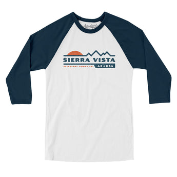 Sierra Vista Mountain Sunset Men/Unisex Raglan 3/4 Sleeve T-Shirt-White with Navy-Allegiant Goods Co. Vintage Sports Apparel