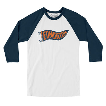 Edmonton Pennant Men/Unisex Raglan 3/4 Sleeve T-Shirt-White with Navy-Allegiant Goods Co. Vintage Sports Apparel