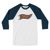 Edmonton Pennant Men/Unisex Raglan 3/4 Sleeve T-Shirt-White with Navy-Allegiant Goods Co. Vintage Sports Apparel
