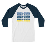 Ann Arbor Repeat Men/Unisex Raglan 3/4 Sleeve T-Shirt-White with Navy-Allegiant Goods Co. Vintage Sports Apparel