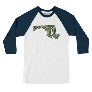 Maryland Golf Course Men/Unisex Raglan 3/4 Sleeve T-Shirt-White with Navy-Allegiant Goods Co. Vintage Sports Apparel