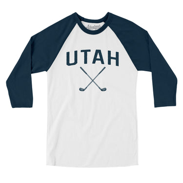 Utah Golf Men/Unisex Raglan 3/4 Sleeve T-Shirt-White with Navy-Allegiant Goods Co. Vintage Sports Apparel