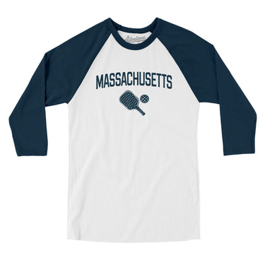 Massachusetts Pickleball Men/Unisex Raglan 3/4 Sleeve T-Shirt-White with Navy-Allegiant Goods Co. Vintage Sports Apparel