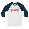 Minneapolis Vintage Script Men/Unisex Raglan 3/4 Sleeve T-Shirt-White with Navy-Allegiant Goods Co. Vintage Sports Apparel