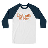 Detroit's Number 1 Fan Men/Unisex Raglan 3/4 Sleeve T-Shirt-White with Navy-Allegiant Goods Co. Vintage Sports Apparel