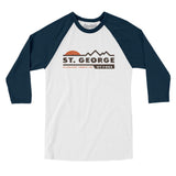 St. George Mountain Sunset Men/Unisex Raglan 3/4 Sleeve T-Shirt-White with Navy-Allegiant Goods Co. Vintage Sports Apparel