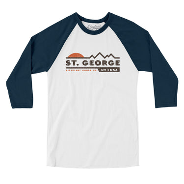 St. George Mountain Sunset Men/Unisex Raglan 3/4 Sleeve T-Shirt-White with Navy-Allegiant Goods Co. Vintage Sports Apparel