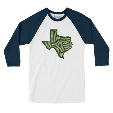 Texas Golf Course Map Men/Unisex Raglan 3/4 Sleeve T-Shirt-White with Navy-Allegiant Goods Co. Vintage Sports Apparel