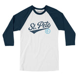 St Pete Vintage Script Men/Unisex Raglan 3/4 Sleeve T-Shirt-White with Navy-Allegiant Goods Co. Vintage Sports Apparel