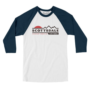 Scottsdale Mountain Sunset Men/Unisex Raglan 3/4 Sleeve T-Shirt-White with Navy-Allegiant Goods Co. Vintage Sports Apparel