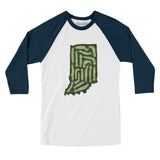 Indiana Golf Course Map Men/Unisex Raglan 3/4 Sleeve T-Shirt-White with Navy-Allegiant Goods Co. Vintage Sports Apparel