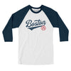 Boston Vintage Script Men/Unisex Raglan 3/4 Sleeve T-Shirt-White with Navy-Allegiant Goods Co. Vintage Sports Apparel