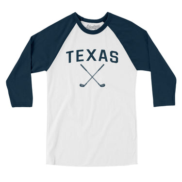 Texas Golf Men/Unisex Raglan 3/4 Sleeve T-Shirt-White with Navy-Allegiant Goods Co. Vintage Sports Apparel