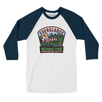 Everglades National Park Badge Men/Unisex Raglan 3/4 Sleeve T-Shirt-White with Navy-Allegiant Goods Co. Vintage Sports Apparel