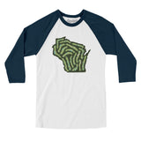 Wisconsin Golf Course Map Men/Unisex Raglan 3/4 Sleeve T-Shirt-White with Navy-Allegiant Goods Co. Vintage Sports Apparel