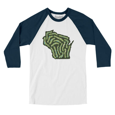 Wisconsin Golf Course Map Men/Unisex Raglan 3/4 Sleeve T-Shirt-White with Navy-Allegiant Goods Co. Vintage Sports Apparel