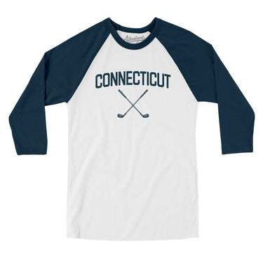 Connecticut Golf Men/Unisex Raglan 3/4 Sleeve T-Shirt-White with Navy-Allegiant Goods Co. Vintage Sports Apparel