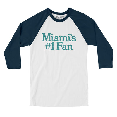Miami's Number 1 Fan Men/Unisex Raglan 3/4 Sleeve T-Shirt-White with Navy-Allegiant Goods Co. Vintage Sports Apparel