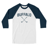 Buffalo Golf Men/Unisex Raglan 3/4 Sleeve T-Shirt-White with Navy-Allegiant Goods Co. Vintage Sports Apparel