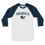Greenville Pickleball Men/Unisex Raglan 3/4 Sleeve T-Shirt-White with Navy-Allegiant Goods Co. Vintage Sports Apparel