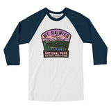Mt. Rainier National Park Badge Men/Unisex Raglan 3/4 Sleeve T-Shirt-White with Navy-Allegiant Goods Co. Vintage Sports Apparel