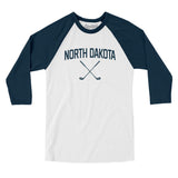 North Dakota Golf Men/Unisex Raglan 3/4 Sleeve T-Shirt-White with Navy-Allegiant Goods Co. Vintage Sports Apparel