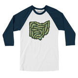 Ohio Golf Course Map Men/Unisex Raglan 3/4 Sleeve T-Shirt-White with Navy-Allegiant Goods Co. Vintage Sports Apparel