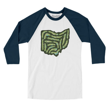Ohio Golf Course Map Men/Unisex Raglan 3/4 Sleeve T-Shirt-White with Navy-Allegiant Goods Co. Vintage Sports Apparel
