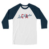 Los Angeles Ca Overprinted Men/Unisex Raglan 3/4 Sleeve T-Shirt-White with Navy-Allegiant Goods Co. Vintage Sports Apparel