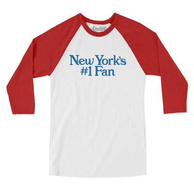New York's Number 1 Fan Men/Unisex Raglan 3/4 Sleeve T-Shirt-White with Red-Allegiant Goods Co. Vintage Sports Apparel