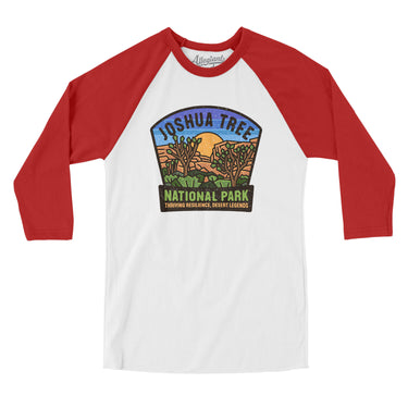 Joshua Tree National Park Badge Men/Unisex Raglan 3/4 Sleeve T-Shirt-White with Red-Allegiant Goods Co. Vintage Sports Apparel